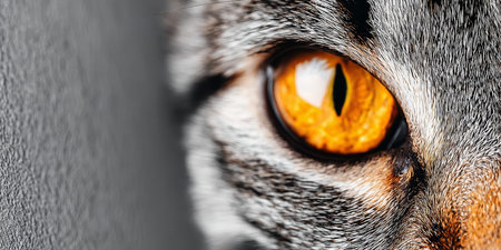 Close-Up of a Striking Cat Eye with Intense Amber Gaze and Striped Fur Against Neutral Backgroundの素材