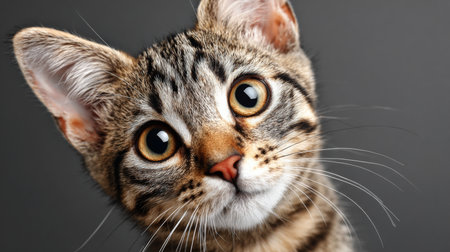 Adorable Close-Up of a Playful Tabby Kitten with Bright Green Eyes Against a Soft Gray Backgroundの素材