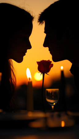 Silhouette of a Romantic Couple Embracing at Sunset, Celebrating Love and Togetherness Foreverの素材
