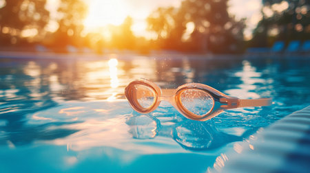Enjoying a Sunny Day by the Poolside with Floating Goggles, Perfect for Relaxation and Water Funの素材