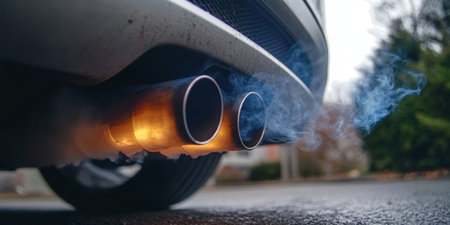 Close Up of a Car Exhaust with Emission Fumes Highlighting Environmental Concerns in Transportationの素材