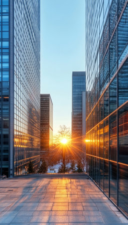 Urban Canvas Glass Towers Reflecting Daybreak Magic, Glistening Pavement, and Golden Sunbeamsの素材