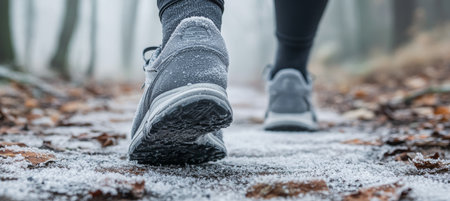 Active jogger in warm footgear running on a snowy winter trail in the countryside outdoors.の素材