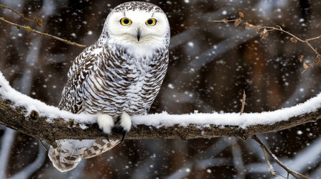 Majestic Snowy Owl Perched Gracefully on a Snow-covered Branch in a Tranquil Winter Forest Sceneの素材
