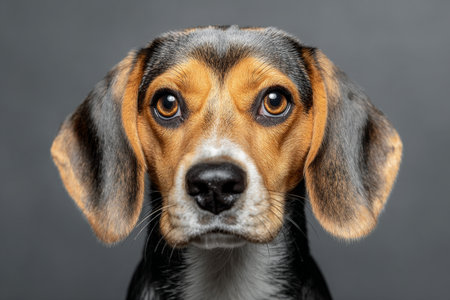 Charming Beagle Portrait with Expressive Eyes and Playful Attitude Against a Soft Gray Backgroundの素材