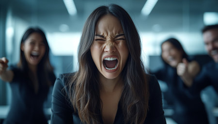 A distressed woman feels isolated as her coworkers laugh in a toxic office environment.の素材