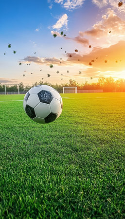 A Soccer Ball Soaring High over a Lush Green Soccer Field under a Bright Blue Sky on a Sunny Dayの素材