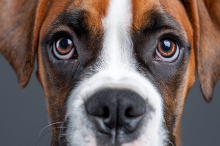 Beautiful Boxer Dog Portrait with Soulful Eyes and Unique Markings on a Soft Neutral Backgroundの素材