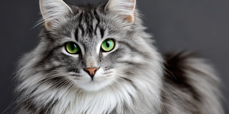 Close-Up Portrait of a Norwegian Forest Cat with Striking Green Eyes on a Soft Gray Backgroundの素材