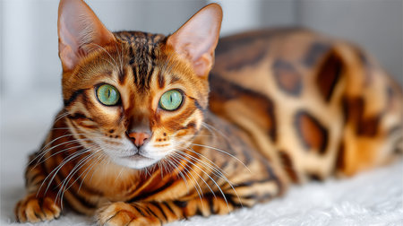 Captivating Bengal Cat Portrait Striking Green Eyes and Playful Charm on a White Backgroundの素材