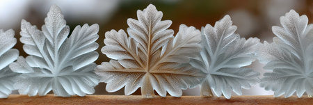 Frosted Glass Leaves Artfully Arranged on a Wooden Surface, Capturing the Essence of Winter s Beautyの素材