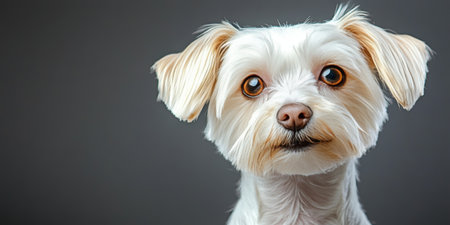 Charming Maltese Dog Portrait with Soft White Fur and Intense Expression on Calm Gray Backgroundの素材