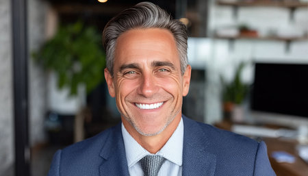 Confident Middle Aged Businessman Smiling in Modern Office, Symbolizing Leadership and Achievementの素材