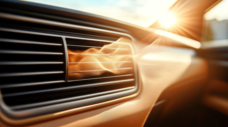Sun Flare Reflecting Over Hot Current Emanating from Vehicle System Ventilator on Summer Road Tripの素材