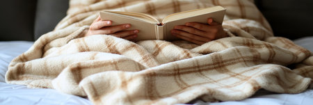A Cozy Home Reading Experience Person Relaxing on Bed with Warm Blanket and Favorite Book in Handの素材