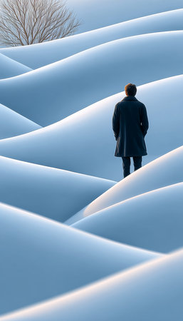 A Solitary Figure Gazes Over a Snow-Covered Landscape in a Peaceful Winter Wonderland Sceneの素材