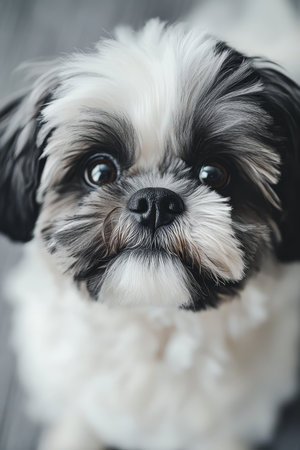 Charming Shih Tzu Portrait with Adorable Expression and Beautiful Coat Patterns on Gray Backgroundの素材