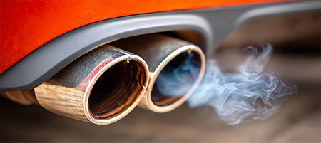Dual Exhaust Pipe Emitting Toxic Gases from Car, Highlighting Automotive Pollution Control Issuesの素材