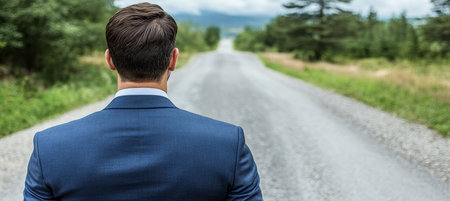 Confident businessman on a journey, striving forward towards a distant, hopeful future horizonの素材