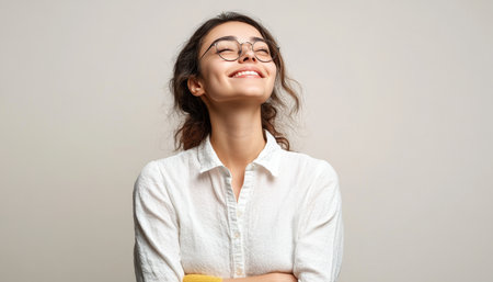 Joyful Woman Radiating Positive Energy and Optimism with a Bright Smile on a Light Backgroundの素材