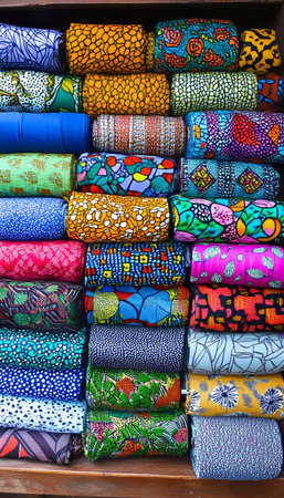 Vibrant Shelf Display of Colorful African-Inspired Textiles Showcasing Rich Patterns and Texturesの素材