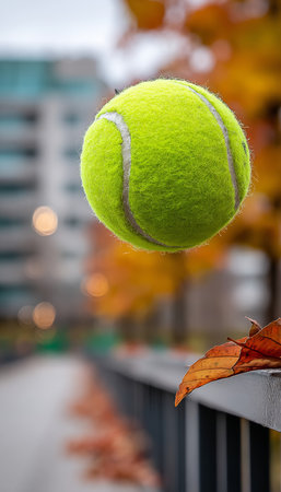 Vibrant Yellow Tennis Ball Resting on Colorful Autumn Leaves in a Tranquil Urban Playground Settingの素材