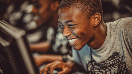 Diverse Group of Enthusiastic Students Engaged in Research and Learning Together at a Seminarの素材