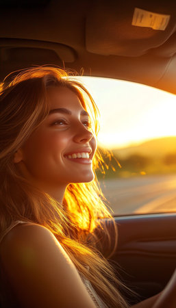 Joyful woman driving through scenic landscape on a sunny day, embracing freedom and adventure.の素材