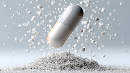 Abstract Medicine Capsule Pill Floating Above Heap, Showcasing Elegance in Pharmaceutical Designの素材