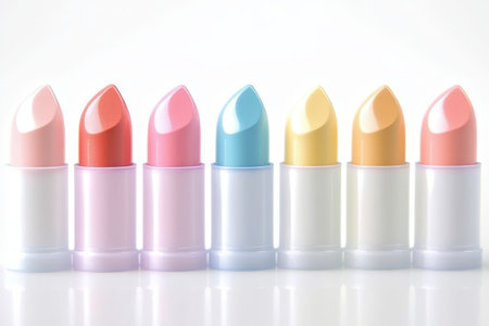 Vibrant Assortment of Pastel Color Lipsticks Arrayed Radiantly for Springtime Beauty Displayの素材