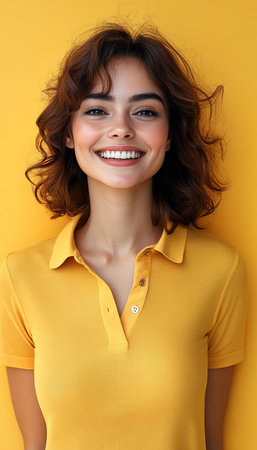 Bright and Cheerful Young Woman in Yellow Polo Shirt Smiling Against Vibrant Yellow Backgroundの素材