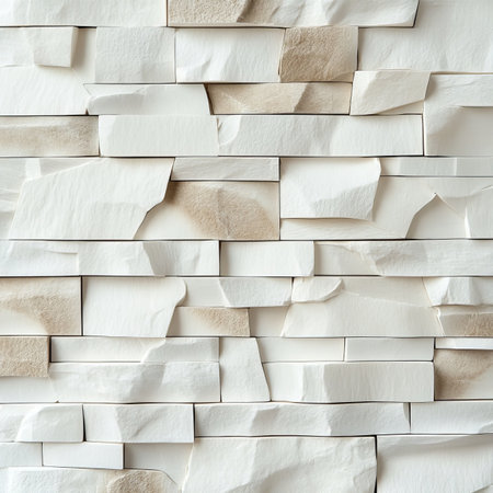 Elegant Stone Facing in Ivory and Beige Tones Enhances Interiors with a Textured Mosaic Finish.の素材