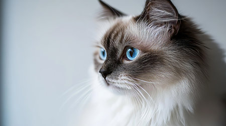 Delicate Ragamuffin Cat with Fluffy Mane and Bright Blue Eyes Calmly Posed on a White Backgroundの素材