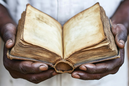 Elderly Hands Holding an Antique Book, Unveiling Tales of History and Timeless Wisdom Through Pagesの素材