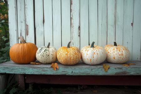 Vibrant Autumn Harvest Display Featuring Various Sizes of Beautifully Speckled Gourds Outdoorsの素材