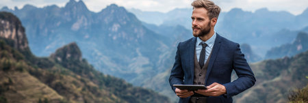 Businessman using a tablet while enjoying breathtaking mountain views in a professional outfit.の素材