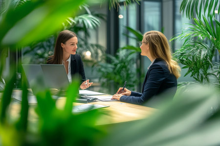 Ambitious entrepreneurs discuss startup plan in organic workplace, success idea development at work.の素材