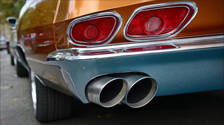 Close Up of Vintage Car Exhaust Tailpipe Featuring Custom Automotive Restoration and Modificationの素材