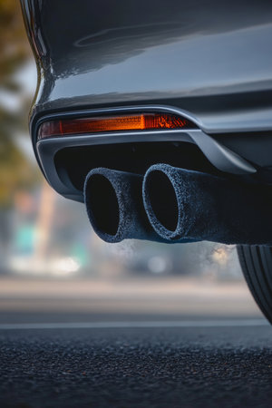 Sleek Vehicle with Stylish Design and Dramatic Exhaust Pipe Emitting Smoke into the Open Airの素材