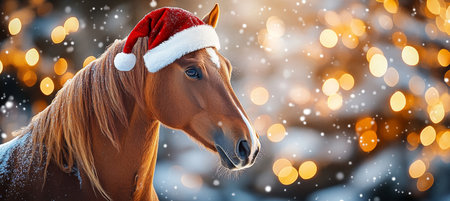 Festive Chestnut Horse Wearing Santa Hat Glimmering in Snowy Woodland for Holiday Cheer Celebrationの素材