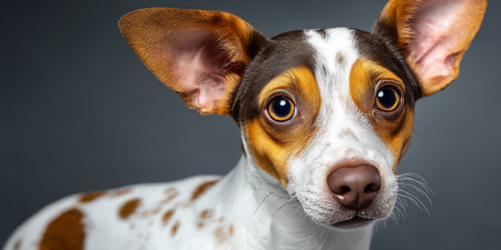 Charming Chihuahua Portrait with Big Ears and Alert Expression on Gray Background, Studio Shotの素材