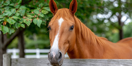 Stunning portrait of a chestnut Quarter Horse in a serene countryside setting with natural lightの素材