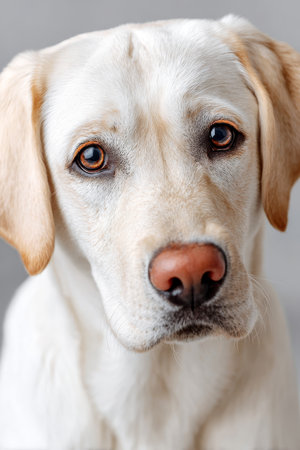 Charming Labrador Retriever with Playful Expression, Soft Fur, and Sweet Eyes on Vibrant Backgroundの素材