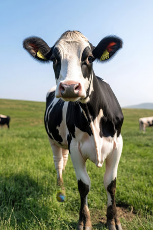 Graceful Holstein Cow Grazing Peacefully in Lush Green Pastures Under a Bright Blue Sky Todayの素材
