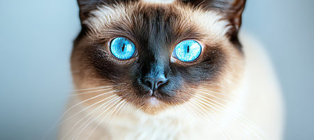Elegant Balinese Cat Displaying Gorgeous Blue Eyes and Seal Point Features on Soft Gray Backgroundの素材