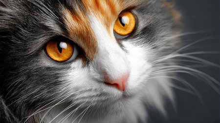 Stunning Close-up of an Australian Mist Cat with Captivating Orange Eyes and Fluffy Fur in Studioの素材