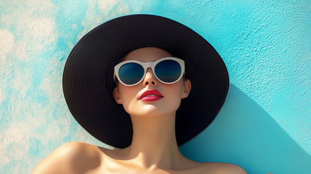 Stylish Woman in Floppy Hat and Sunglasses Poses Against Pastel Wall for Elegant Vacation Vibeの素材