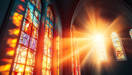 Radiant Church Interior Bathed in Sunlight Showcasing Architectural Beauty and Grandeurの素材