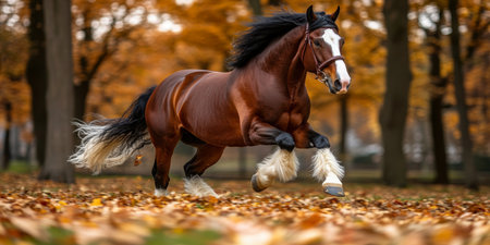 Clydesdale Horse Trotting Gracefully Through Colorful Autumn Forest, Nature s Beauty on Displayの素材