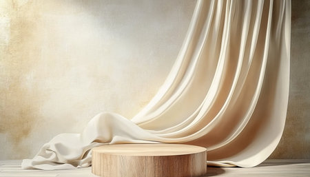 Elegant Round Beige Product Pedestal Display Decoration with Sophisticated Backdrop for Exhibitionsの素材